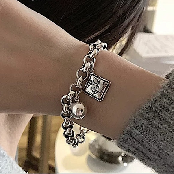 Sterling Silver Made with Love Bracelet Chain Link Ball Charm - Picture 2 of 12